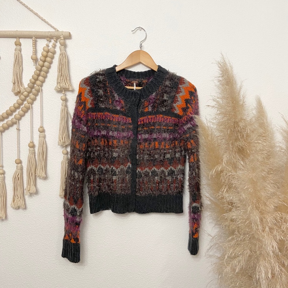 Free People cardigan sweater grey orange fuzzy fall knit patterned chunky M